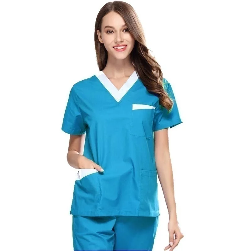 lake blue top Высококачественная Женская медицинская форма, скраб-топ с коротким рукавом, v-образный вырез, цветная блокирующая верхняя хирургическая Аптечная одежда(juat A Top - Цвет: lake blue top