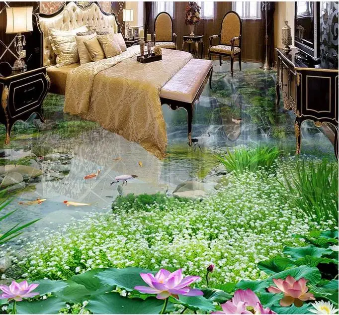 Самоклеящиеся напольные обои на заказ 3D с изображением пейзажа водопада лотоса