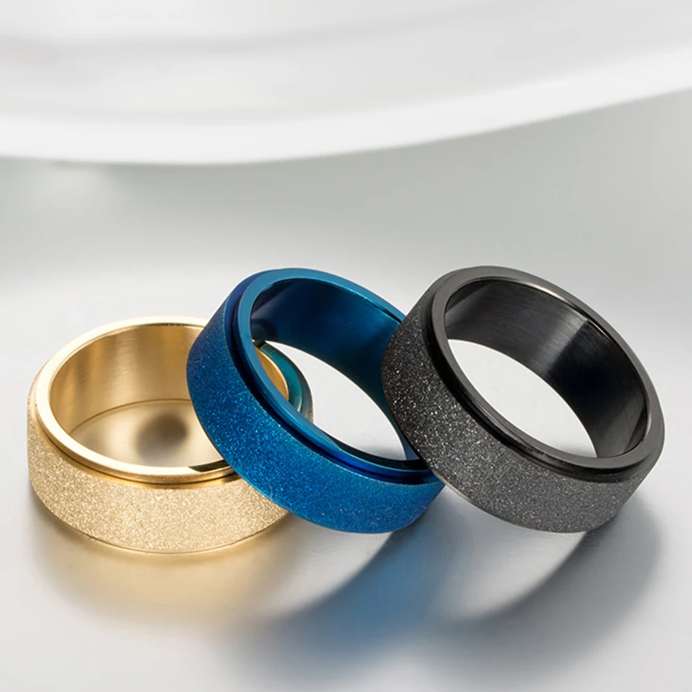 

JHSL Men Statement Frosted Rings Rotated Blue Black Silver Color Stainless Steel Fashion Jewelry Gift Size 6 7 8 9 10 11 12