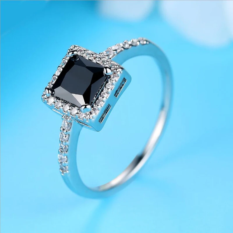 KOFSAC Fashion Hot Crystal Black Square Rings Unisex Jewelry Vintage Zircon Silver Ring Engagement Accessories Birthday Present | Украшения