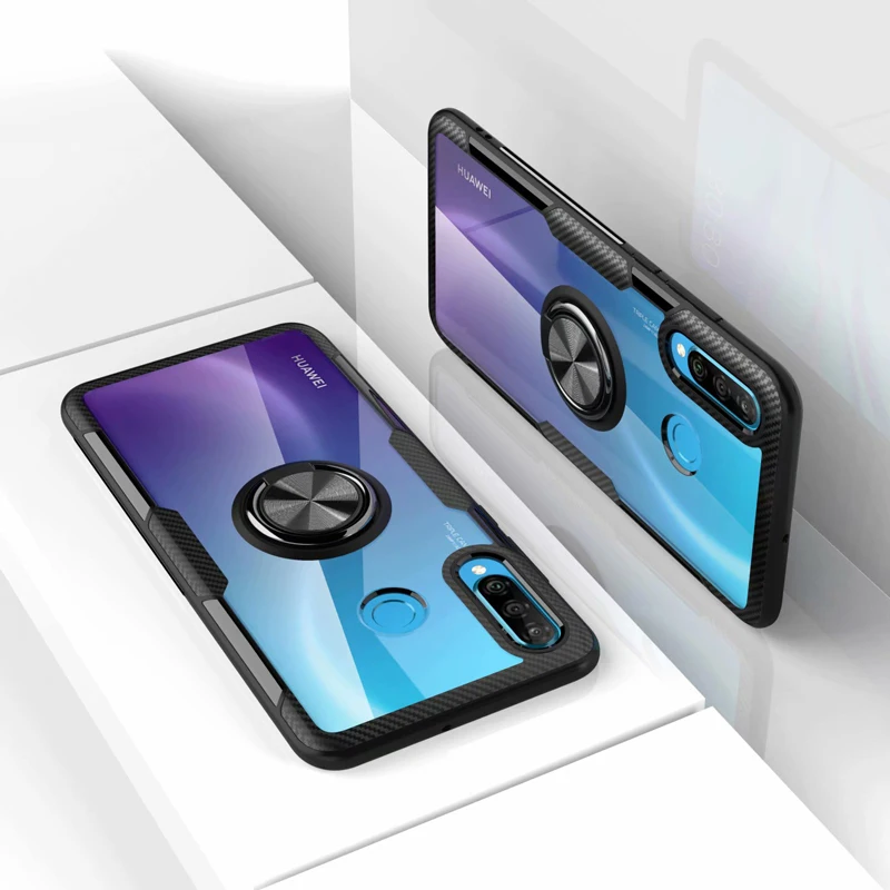Чехол для huawei P30 Lite, Роскошный прозрачный чехол из поликарбоната+ углеродного волокна, кольцо с полной защитой, чехол для huawei P30, чехол