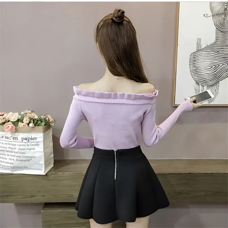 Sanishroly 2018 Autumn Slash Neck Knitted Sweaters Pullovers Women Solid Long Sleeve Sweater Ladies Bottoming Knitwear Tops S184 | Женская