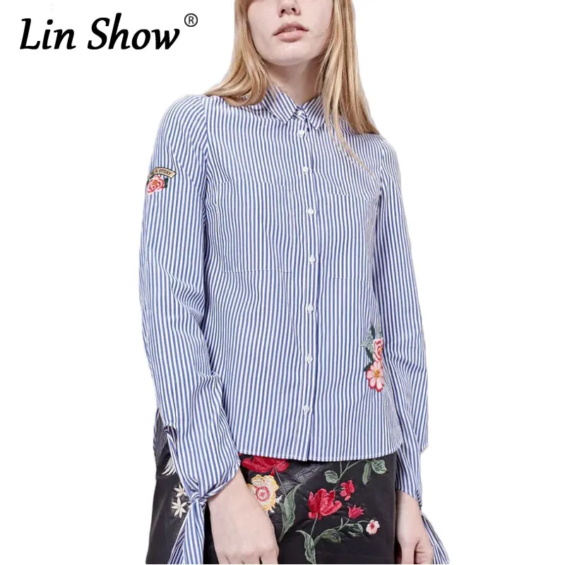LINSHOW Дизайн Лук С Длинным Рукавом в Полоску Женщины Блузки Цветочной Вышивкой