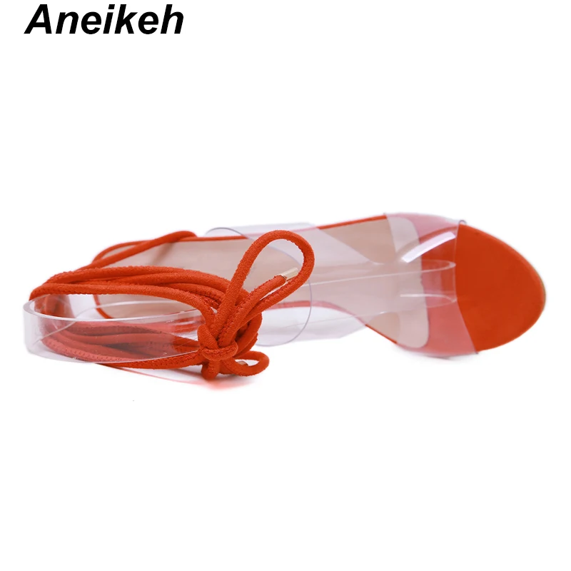 Aneikeh/пикантные женские Босоножки на каблуке из пвх; туфли-лодочки с перекрестной шнуровкой и ремешком на лодыжке; модельные женские туфли на очень высоком каблуке с открытым носком