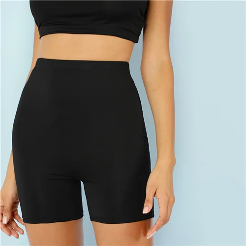 Черный SHEIN Solid Cycling High Waist Leggings Women Athleisure Crop Fitness Leggings Summer Ladies Casual Workout Leggings - Цвет: Черный