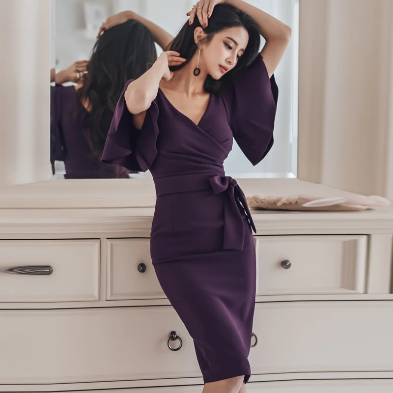 Elegant V-neck Lace Up Ruffles Women Dress Sexy Hip Package Mid-length Cloak Sleeve Female 2021 OL Style vestidos femme | Женская одежда