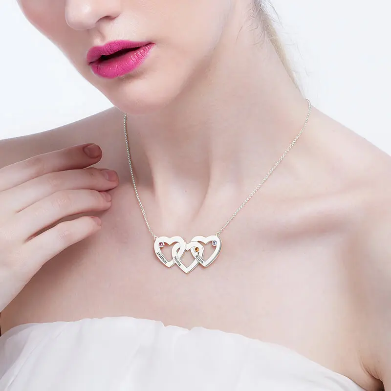 Оптовая продажа серебро три сердца камни на день рождения ожерелье сердце