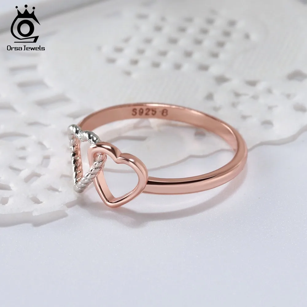 ORSA JEWELS, настоящее 925 пробы, серебряные женские кольца, уникальный дизайн с двойным сердцем, романтическое кольцо, модное ювелирное изделие, подарок для девочки SR65