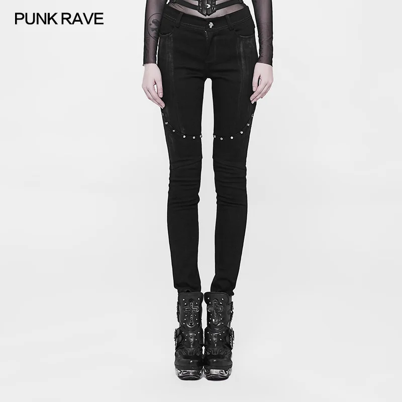 

2019 Punk Rave Black Gothic Fashion Casual Rivet Skull Slim-Fitting Retro Long Pants WK331