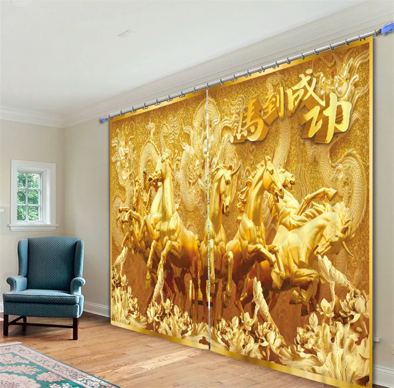 

Gold horse 3D Blackout Window Curtains For Living room Bedding room Hotel/Office Curtain Drapes Cortinas para sala
