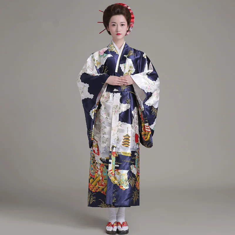 Женское кимоно с Оби темно-синее вечернее праздничное платье в японском стиле