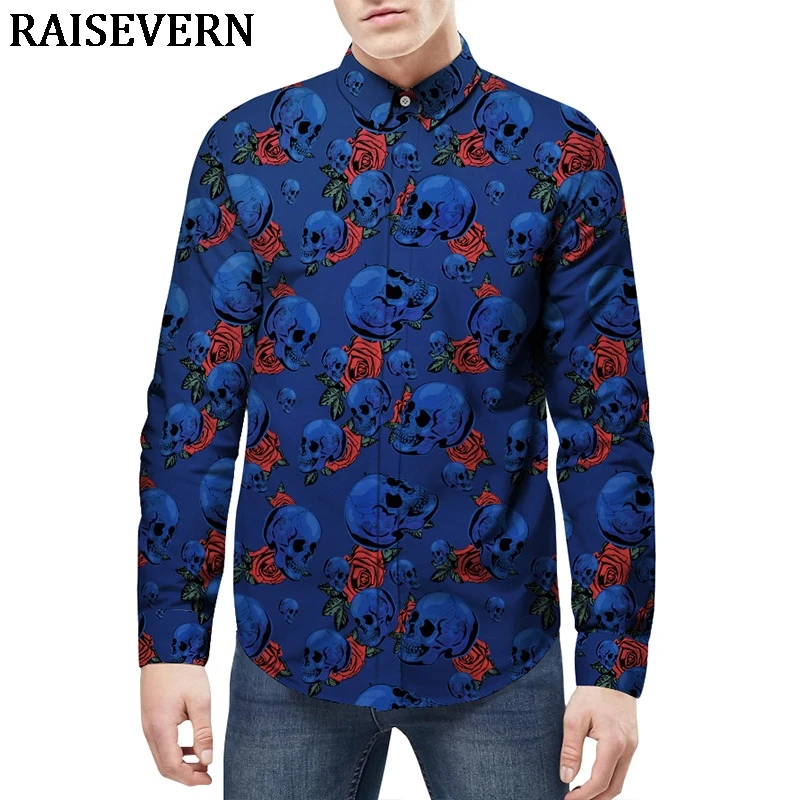 Skull Rose Floral Shirts Men Long Sleeve Slim Fit 3D Casual Tops Camisas Hombre Autumn Shirt Chemise Male Clothing | Мужская одежда