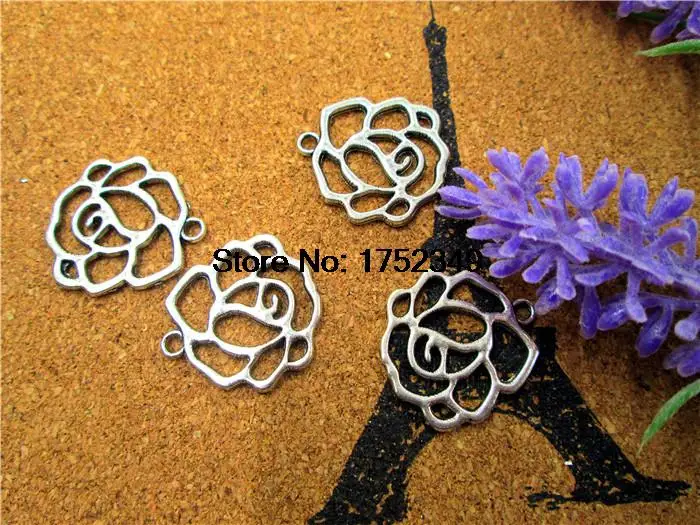 100pcs--Rose charms Antique silver Lovely Round Filigree Flower Base Setting Connector Link Charms Pendant 23x22mm | Украшения и