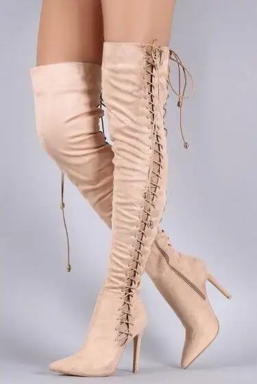 Зимние Модные женские замшевые сапоги-гладиаторы телесного черного бордового