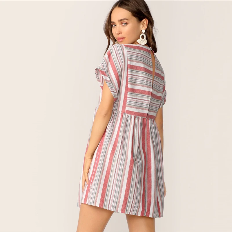 SHEIN Контрастное Полосатое Платье С Оригинальным Рукавом Женское Летнее Многоцветное Платье С Короткими Рукавами И Круглым Вырезом