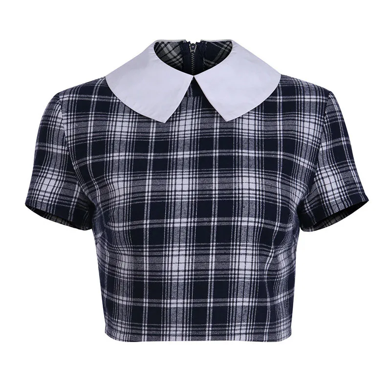 blue plaid InstaHot готические женские футболки с отложным воротником и коротким рукавом в консервативном стиле, черные топы в клетку, милые футболки на молнии в стиле панк - Цвет: blue plaid