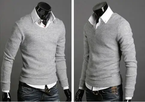 Мужской однотонный пуловер из кашемира приталенный свитер с v-образным вырезом