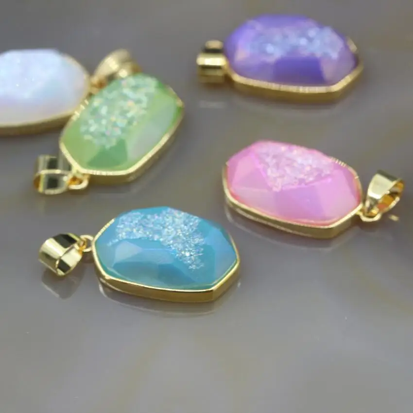 5Pcs/lot Gold Edges Faceted Slab Nugget Charms Beautiful Color Agates Druzy Geode Raw Quartz Drusy Necklace Pendants | Украшения и