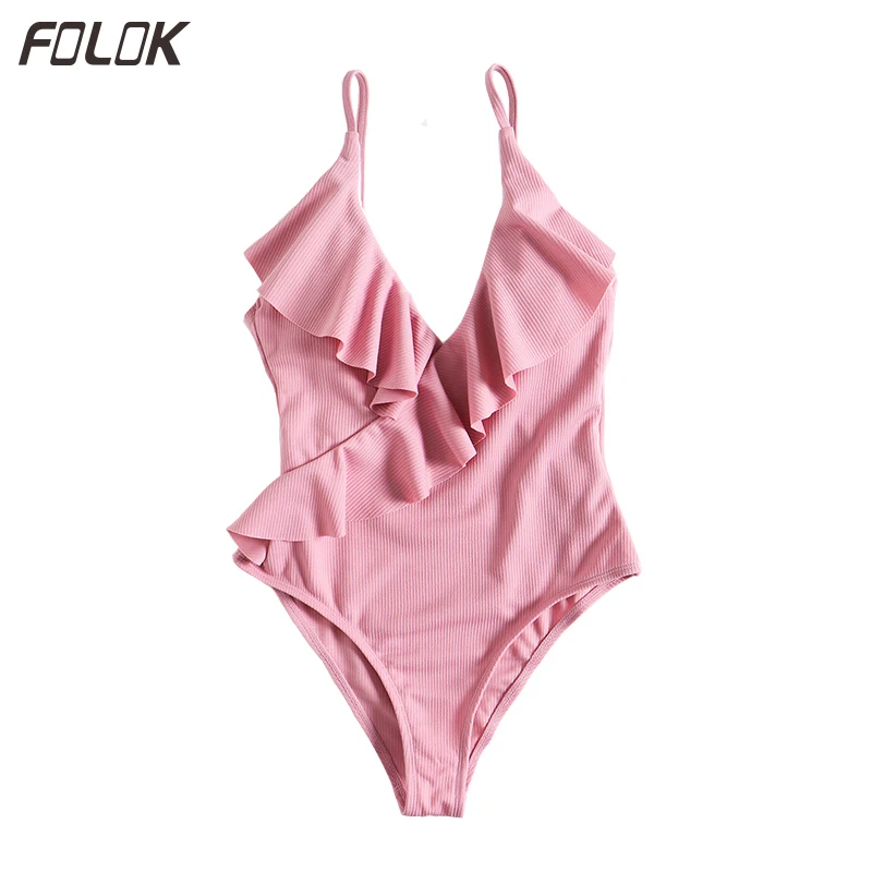 

One Piece Swimsuit Women Bathing Suit Sexy Deep V Monokini Solid Ruffle Swimwear High Cut Swimming Suit Beachwear 2019