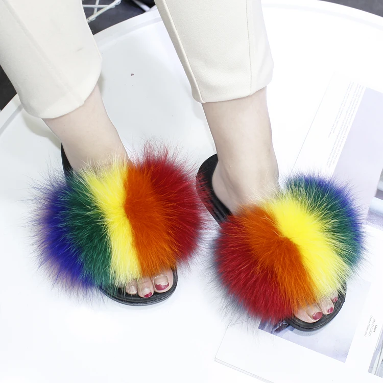 Летние Для женщин лисий мех тапочки Элитная Фокс заколки-невидимки Повседневное
