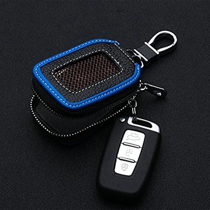 Black+Blue Leather Car Key Holder Keychain Fob Case Cover Wallet Bag Zipper | Автомобили и мотоциклы