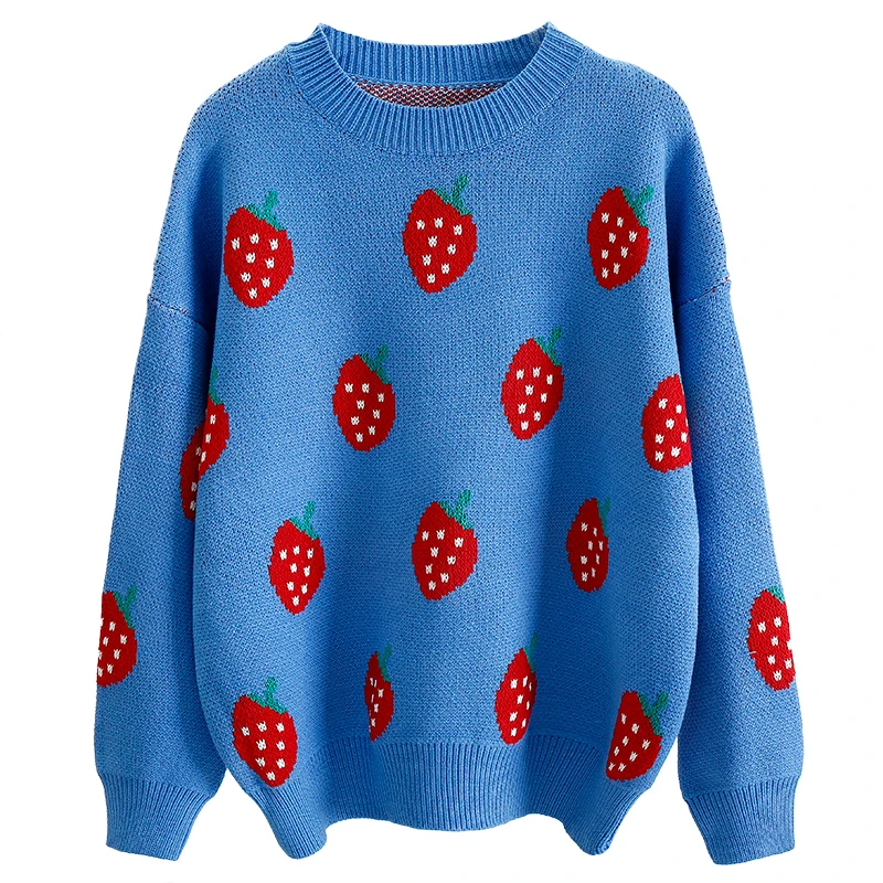 Fashions Women Knitted Sweater Autumn Long Sleeved Strawberry Christmas Pullovers Korean Casual Oversized Loose Sweaters | Женская