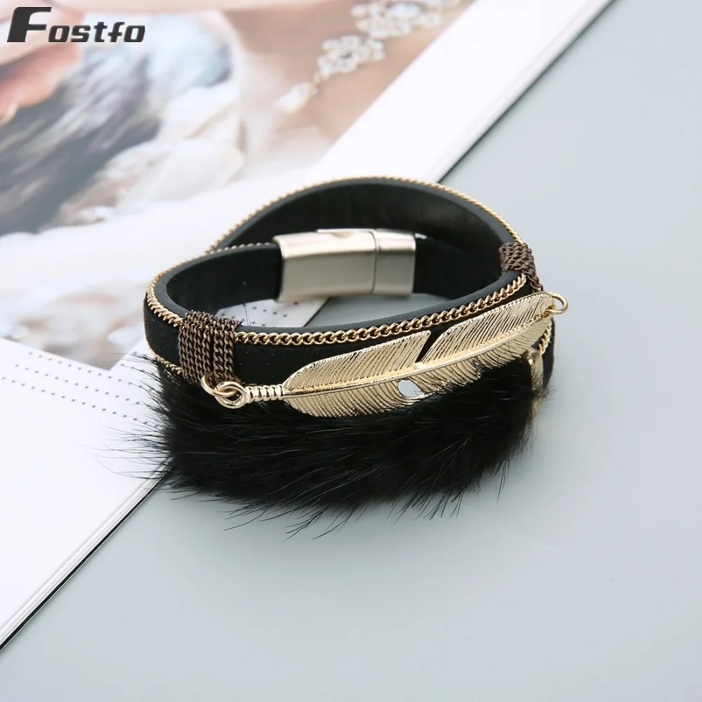 Fostfo 39cm Metal Feather Leather Lady Bracelets Magnetic Buckle Bracelet for Women Bangles Fashion Jewelry | Украшения и