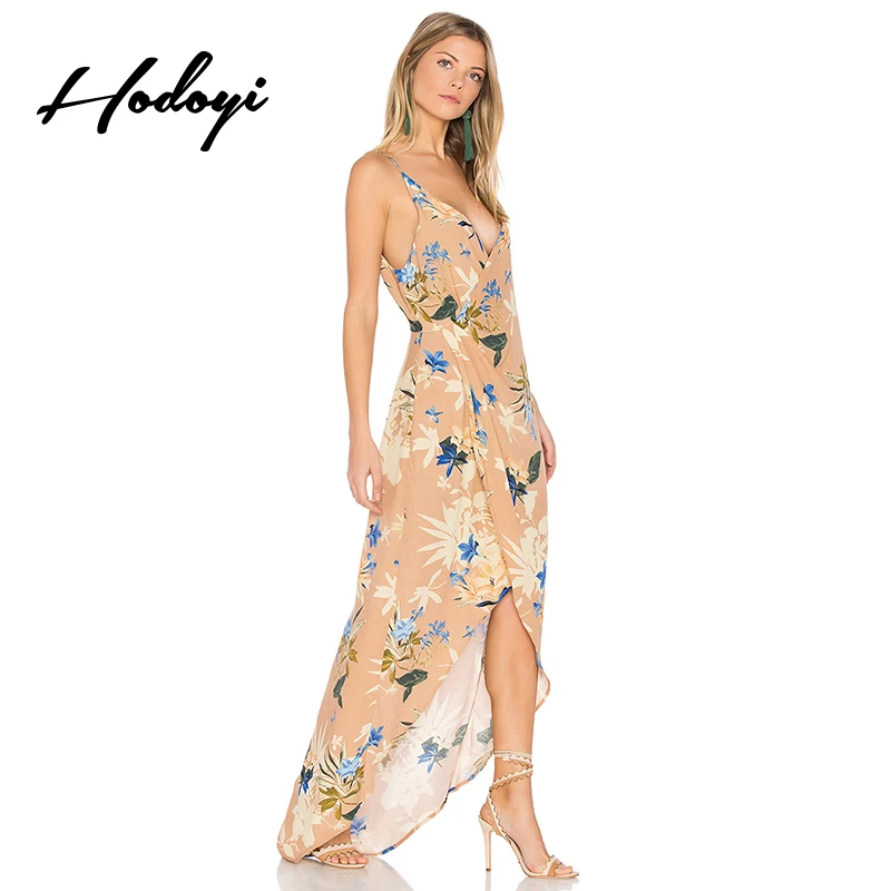 Hodoyi Women Fashion Summer Floral Print Dress vestidos Wrap Slim Maxi Beach V-neck Backless Spaghetti Strap | Женская одежда