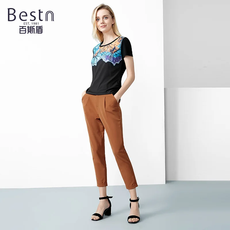 Bestn 2019 весна лето деловая повседневная женская черная футболка с цветочным
