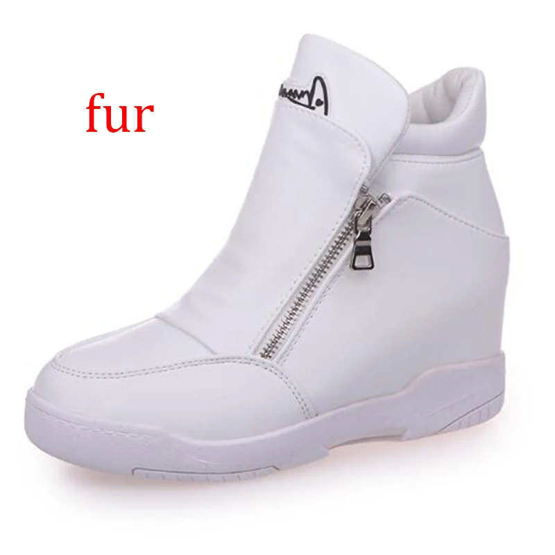white fur COVOYYAR/; женские кроссовки на скрытой танкетке; модная повседневная обувь с высоким берцем и боковой молнией; удобная прогулочная обувь; цвет черный, белый; WSN707 - Цвет: white fur