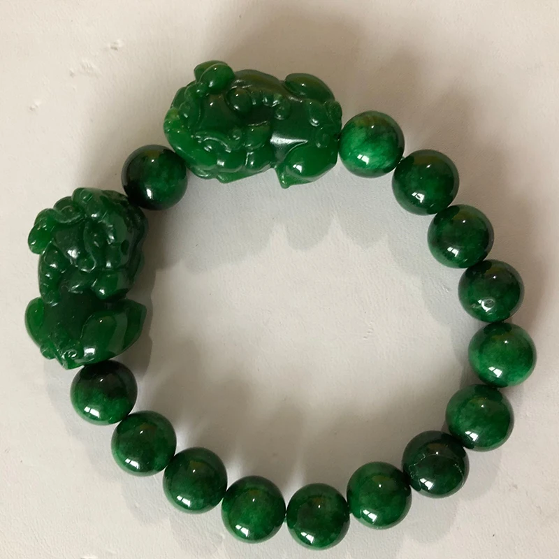 

Wholesale Dry Green Natural Stone Bracelets 10mm Round Bead With Hand Caved Double Pixiu Bracelet for Men Women Bracelet Jewelry