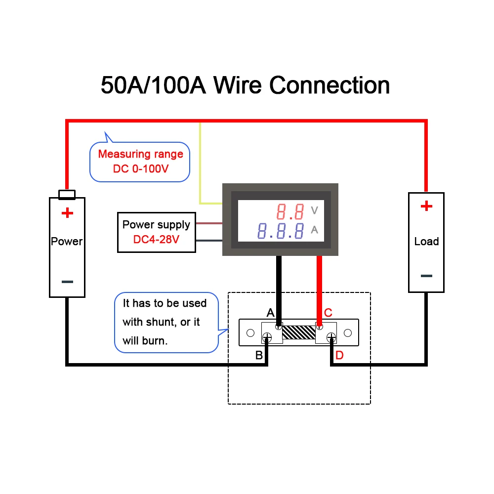 2 в 1 0 28 &quotDC 0-100V 50A/100A Красный Синий Вольтметр Амперметр детектор напряжения тока с
