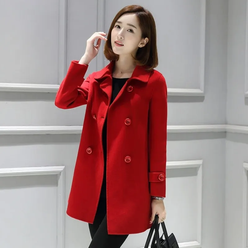 Женское шерстяное пальто в Корейском стиле длинное красного и розового цвета с
