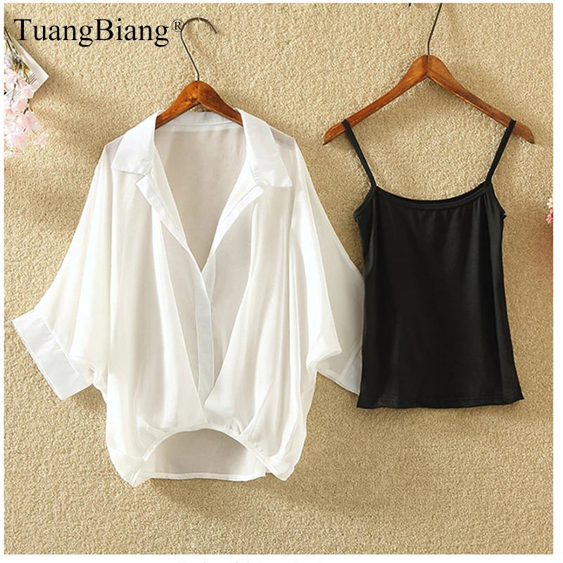 Ladies 2021 Two Piece Set Plus Size Chiffon Shirts Summer Half Sleeve Loose V-Neck Women Casual Blouse Autumn Sexy Cool Tops women s casual blouse v neck criss cross lace trim tops loose ruffle hem half sleeve shirts chiffon tunic
