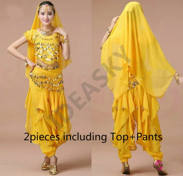 yellow 2pcs Сексуальный Набор костюма для танца живота Профессиональный Египетский живот Индийский Болливуд костюмы Женское платье танец живота взрослый топ брюки - Цвет: yellow 2pcs