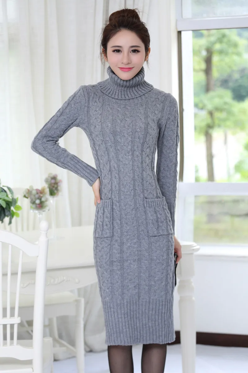 light grey style 1 Осенне-зимний свитер с высоким воротом, Женский вязаный пуловер с разрезом, длинный свитер, платье, Pull Femme, толстый свитер, пуловеры, платье C3685 - Цвет: light grey style 1