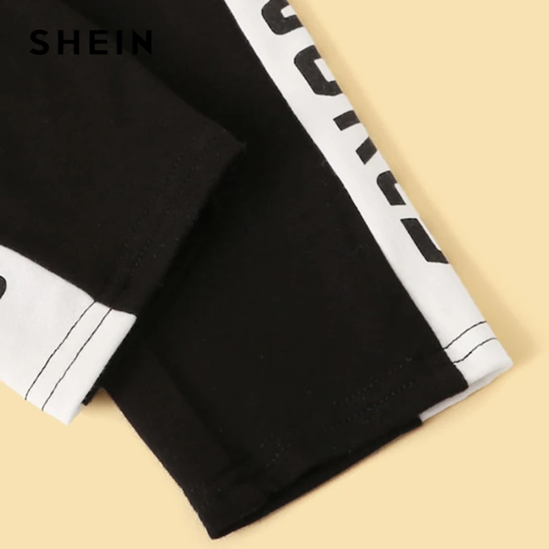 SHEIN/комплект детской одежды для девочек: футболка с буквенным принтом и контрастные леггинсы по бокам; коллекция года; летняя одежда для активного отдыха; костюм с короткими рукавами и цветными блоками