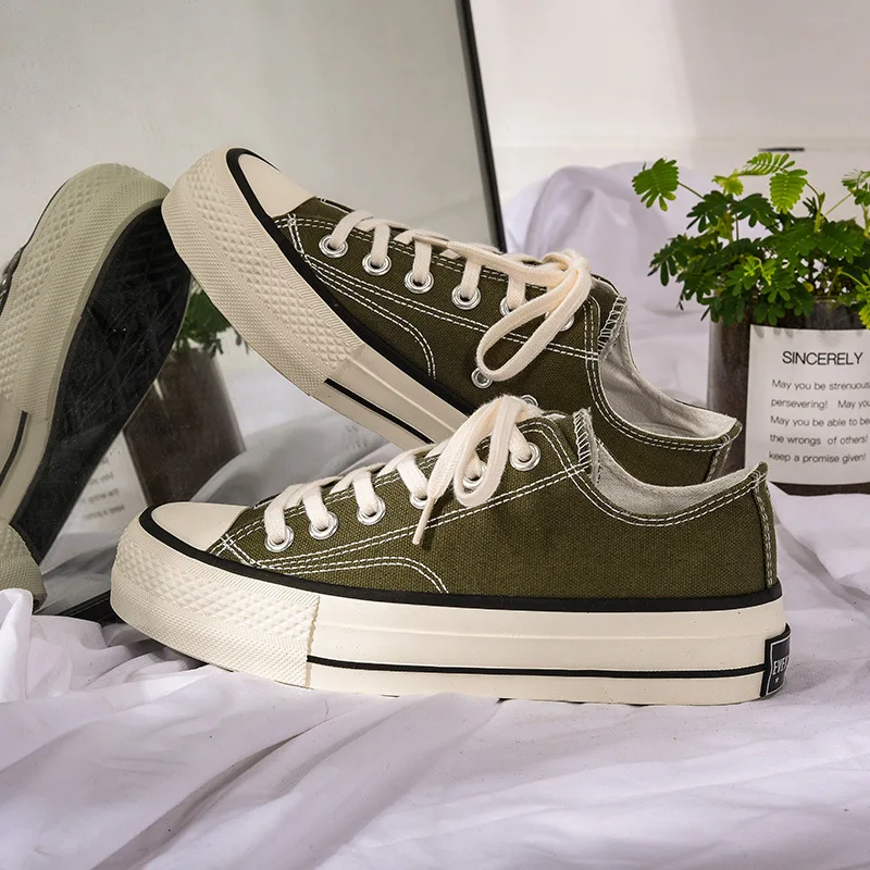 Olive green Классическая однотонная парусиновая женская обувь; женские повседневные кроссовки на шнуровке; дышащие удобные высококачественные кроссовки в стиле ретро в стиле Харадзюку - Цвет: Olive green