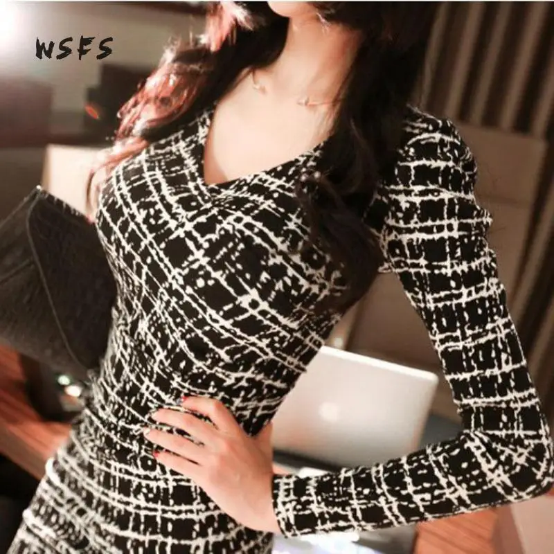 Женское клетчатое платье с длинным рукавом V-образным вырезом - купить по