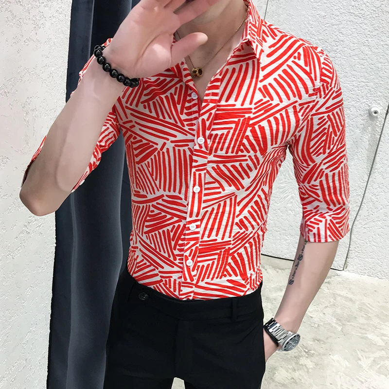 Мужская полосатая рубашка с коротким рукавом Модная приталенная в красную