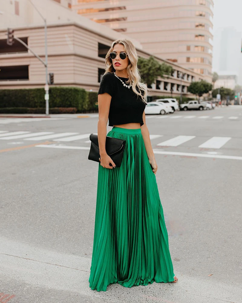 Miguofan Pleated Skirt Women High Waist Long Skirts Loose Streetwear Solid Black White Maxi Skirts Summer Jupe Femme