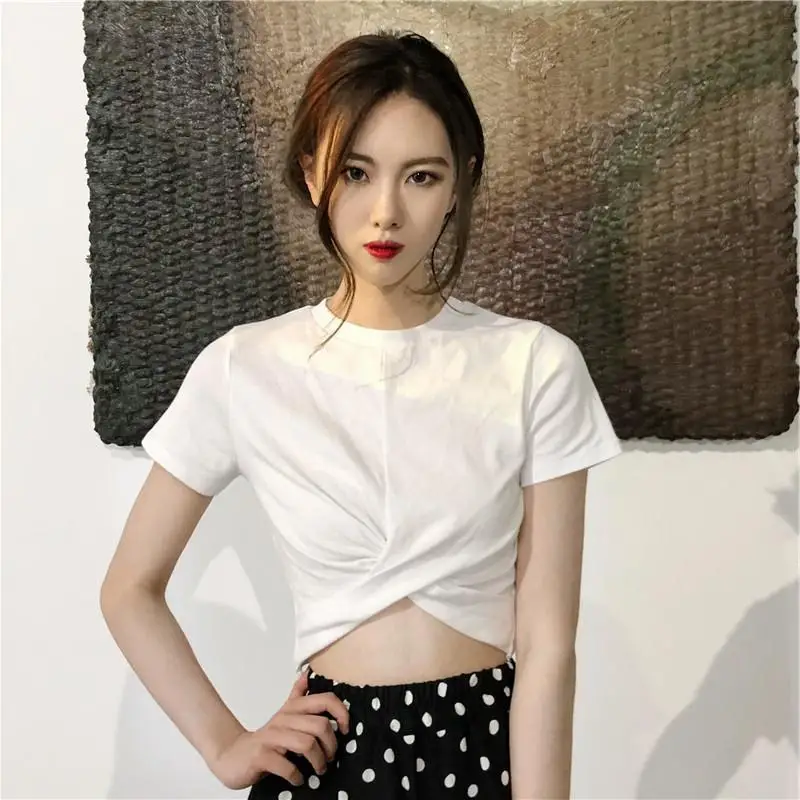 Yfashion Короткие топы футболка женская летняя сплошной цвет черный белый Круглый