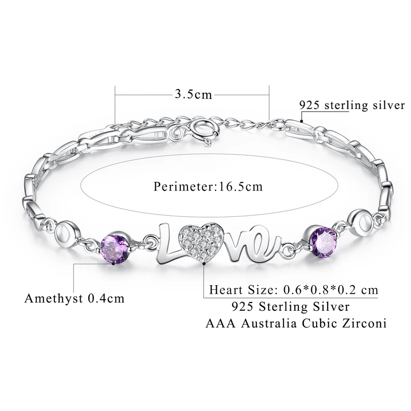 100% 925 Sterling Silver Fine Jewelry Purple Crystal Charm Bead Bracelet Women Heart Love Bracelets Valentines Day Gift | Украшения и