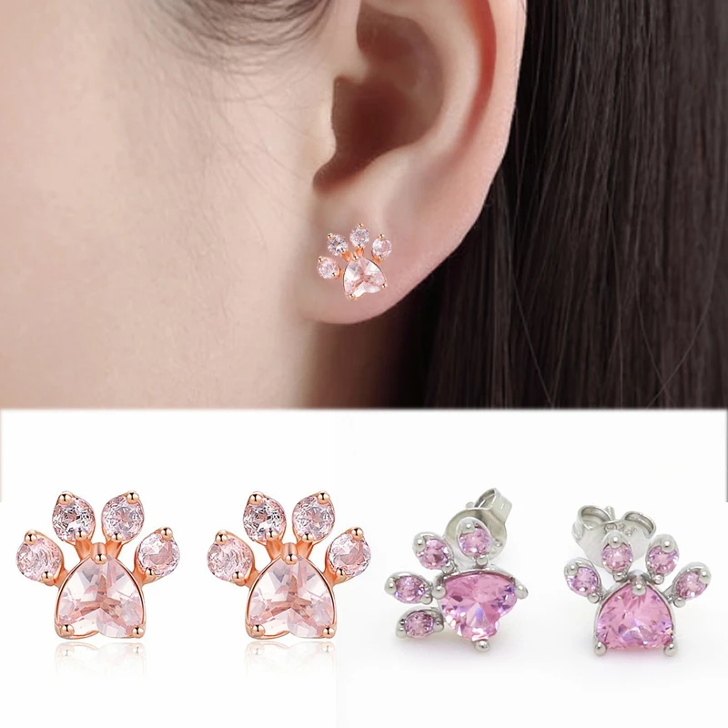 

2018 New Crystal Earrings Allergy Free 1Pair New Shiny Stud Earring Cute Small Animal Rose Golden Dog Paw Print Silvery Free