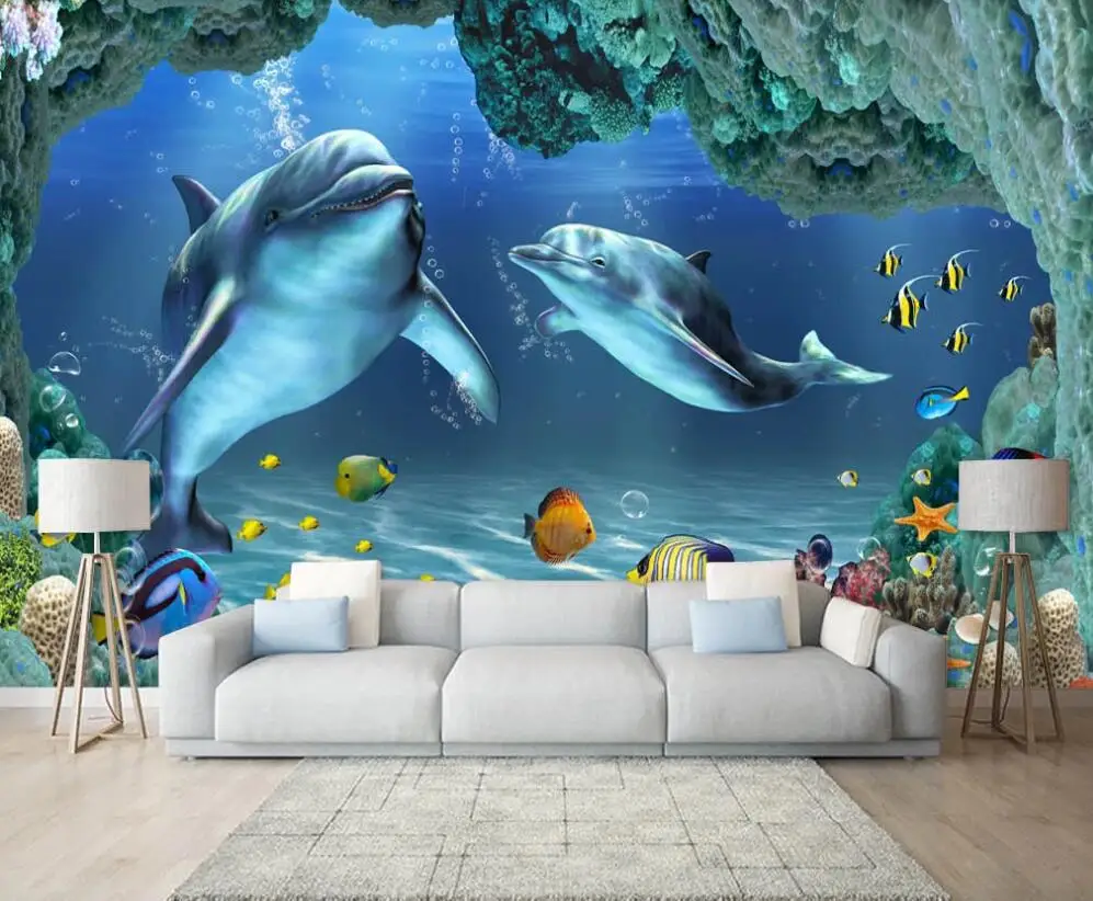 

Custom 3D wallpaper 3D world dolphin mother and son love TV background wall