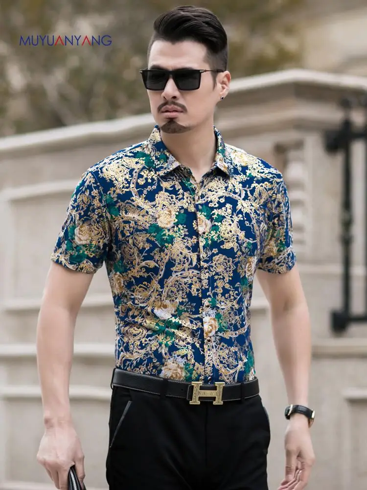 Мужская рубашка с цветочным принтом брендовая Новинка 2020 золотистая бронзовая
