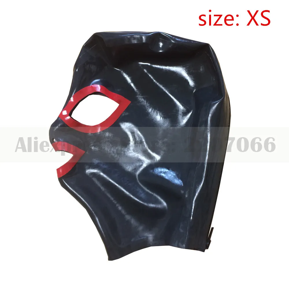 size XS Унисекс латексная резиновая маска Капюшон Черный латексный капюшон с красной отделкой сзади молния RLM001 - Цвет: size XS