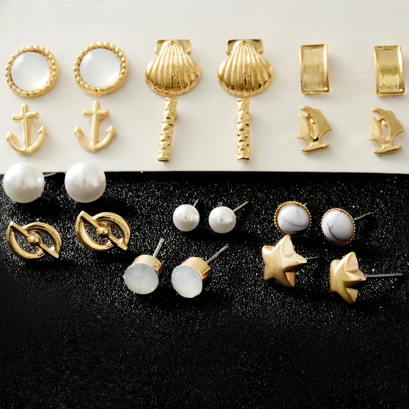12 Pairs/Set Earring Trendy Gold Color Star Simulated Pearl Shell Statement Stud Earrings Set For Women 2018 New Arrival Jewelry | Украшения