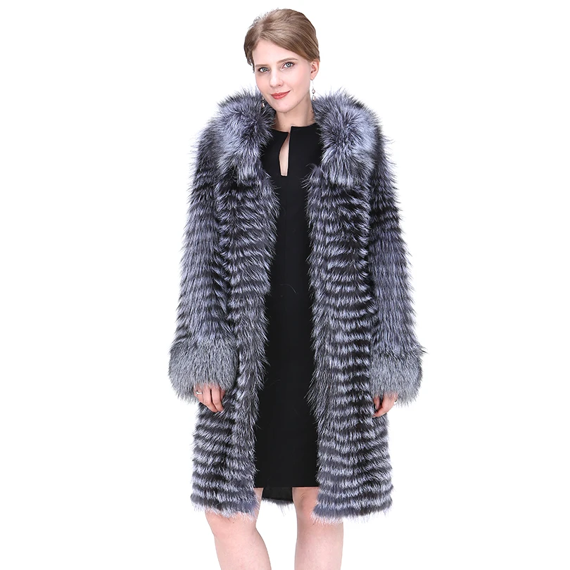 

Women Natural Fox Fur Coat 2018 Fashion England Style Winter Thick Warm Real Silver Fox Fur Overcoat Extra Long Lady Coat