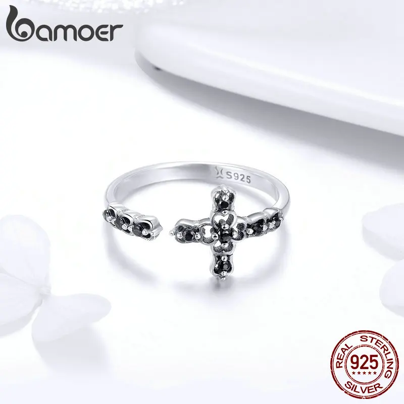 BAMOER, классические, 925 пробы, серебряные, верный крест, регулируемые кольца на палец для женщин, черные, CZ, кольцо из стерлингового серебра, ювелирные изделия SCR447